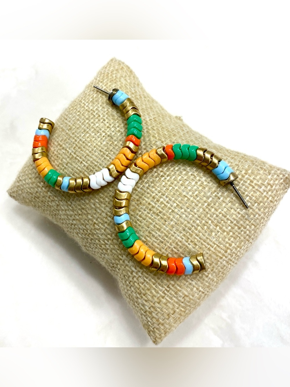 J.Crew Multi Color Chevron Enamel Tile Bead Open Hoop Earrings Antiqued Gold